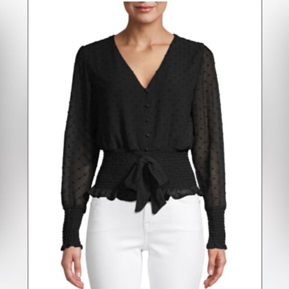 Q&A black Swiss Dot Smocked Blouse, size L - Picture 1 of 7